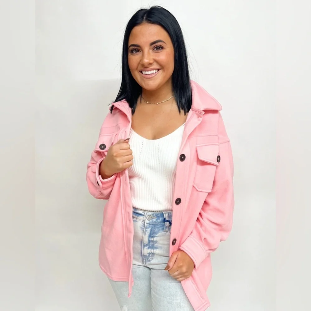 Zenana All About the Fleece Lightweight Button-Down Shacket in dusty pink xl - Picture 1 of 2